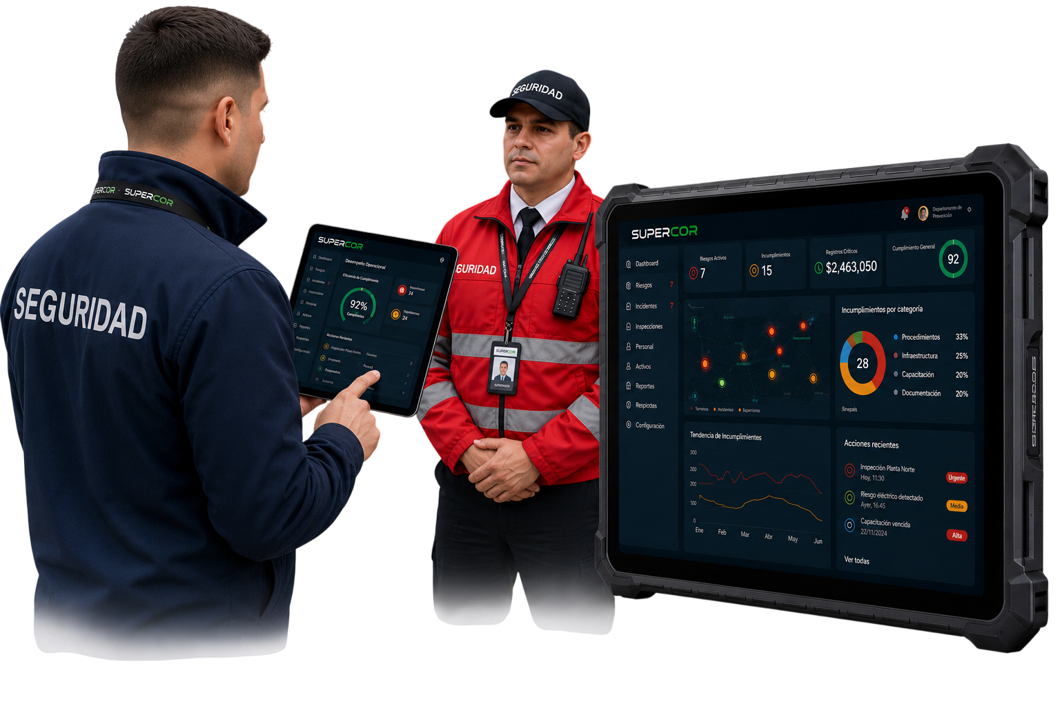 Equipo de guardias de seguridad SUPERCOR revisando la plataforma de cumplimiento en una tablet en terreno