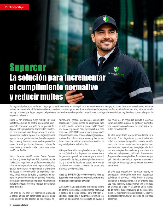 Página del reportaje a SUPERCOR publicado en Revista Seguridad & Defensa, edición Nº64