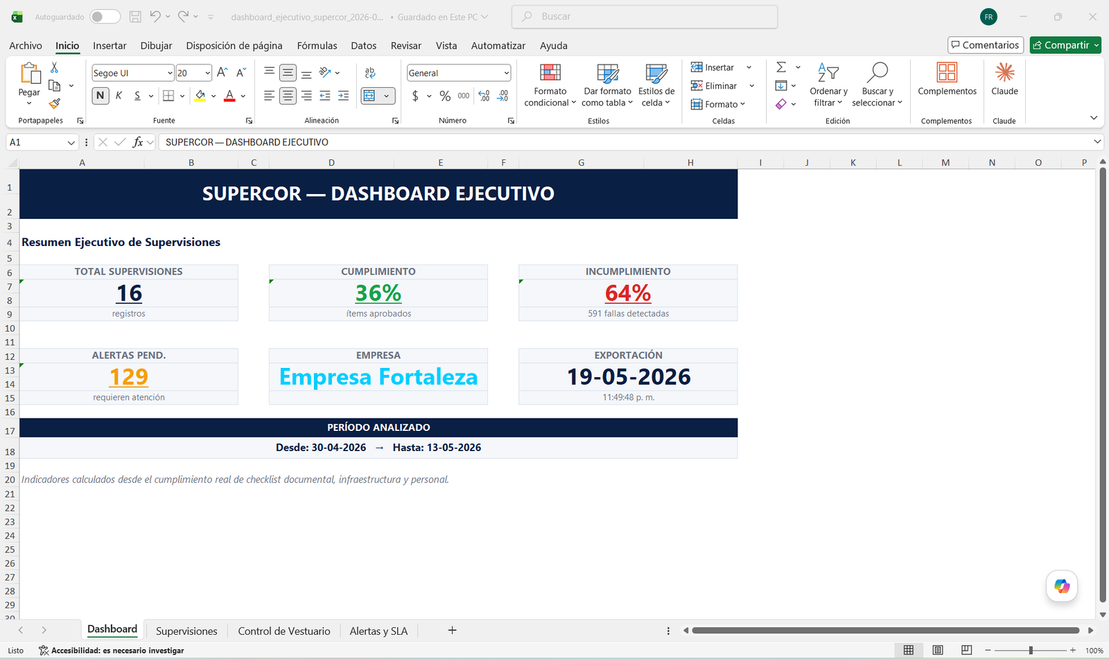 Reporte Excel ejecutivo exportado desde SUPERCOR — análisis gerencial y seguimiento por periodo
